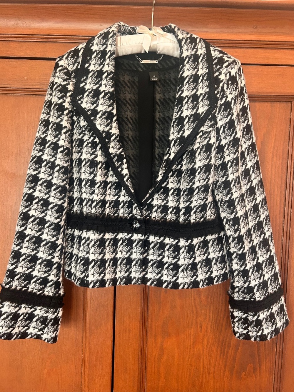 White House Black Market Houndstooth Cropped Tweed Blazer Jacket Size 14